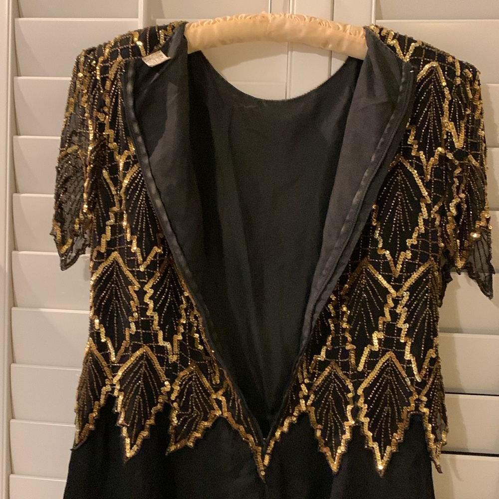 Laurence Kazar Leaf Black Gold Sequin Silk Vintage Cocktail Dress Size XL - Picture 10 of 17
